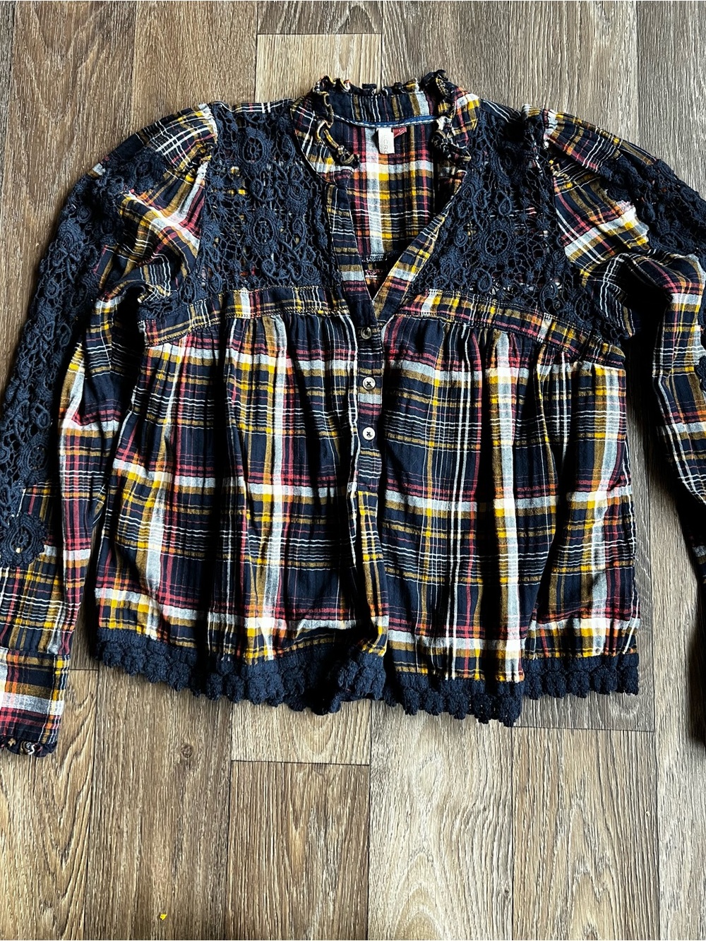 The Pilcro Lace-Trimmed Plaid Blouse